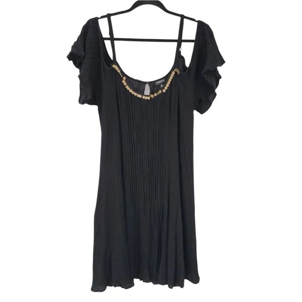 Torrid Women’s Black Mini Gauze Cold Shoulder Trapeze Dress Sequin SZ 2X